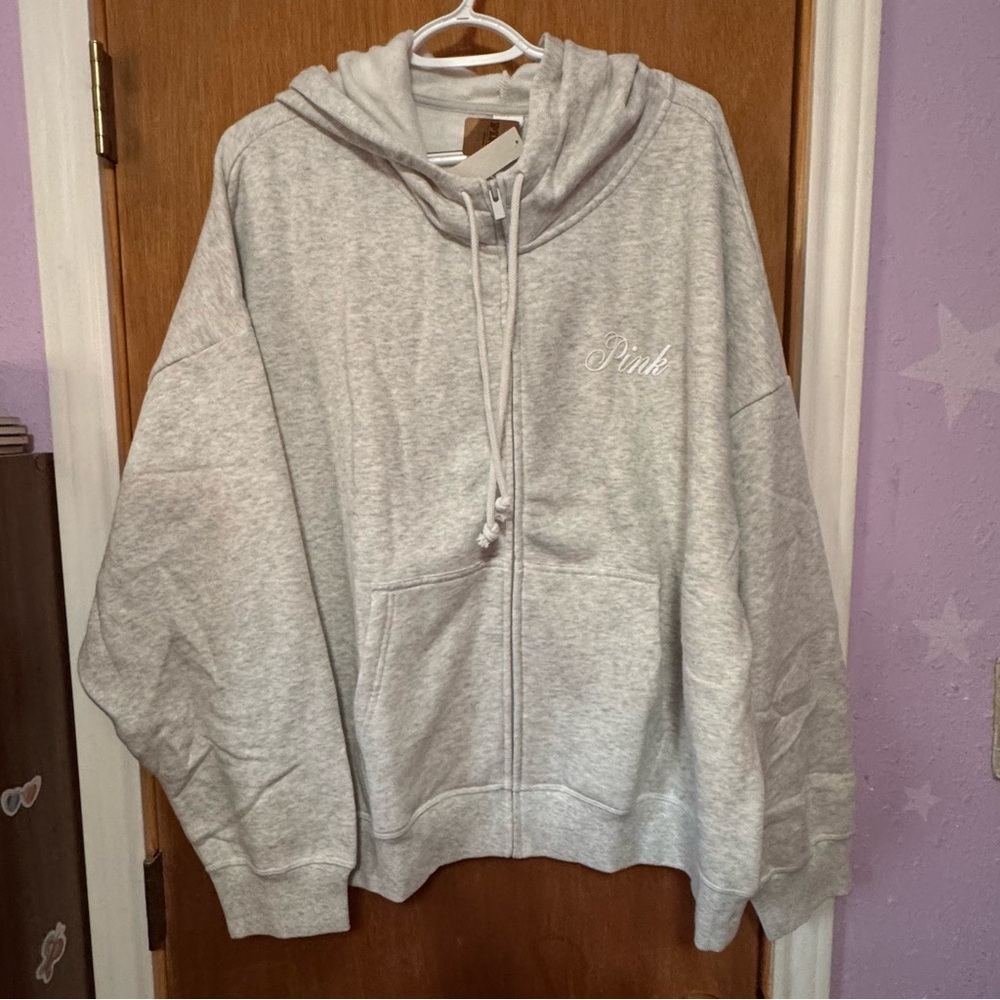 NWT Victorias Secret PINK Hoodie Full Zip XXL ADORABLE RARE Grey Gray NEW plus